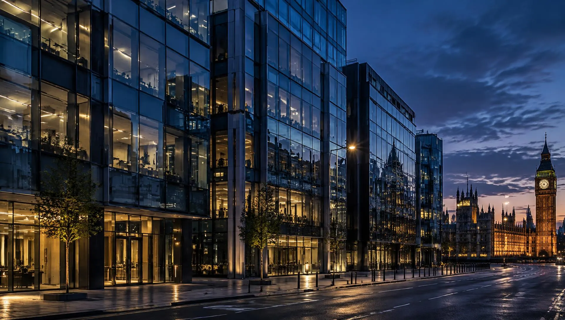 Glasfassaden an der Victoria Street in Westminster, London, in der Abenddämmerung